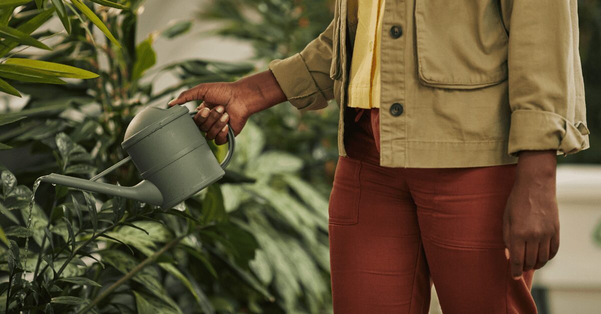 A woman watering a garden with a watering can.