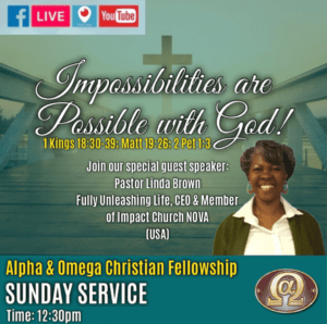 Flyer that states "Impossibilities are Possible with God". It contains a photo of Linda Brown.