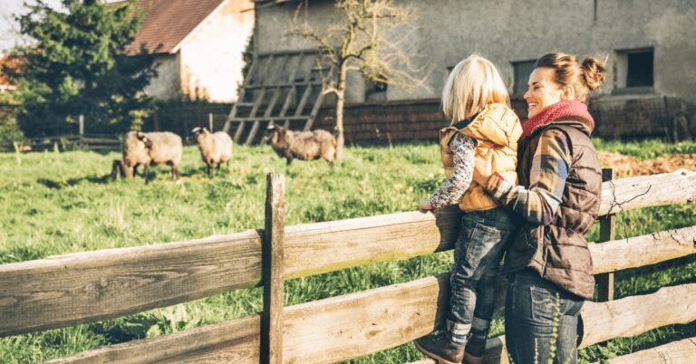 Mom and child looking at animals behind a fence on a farm.