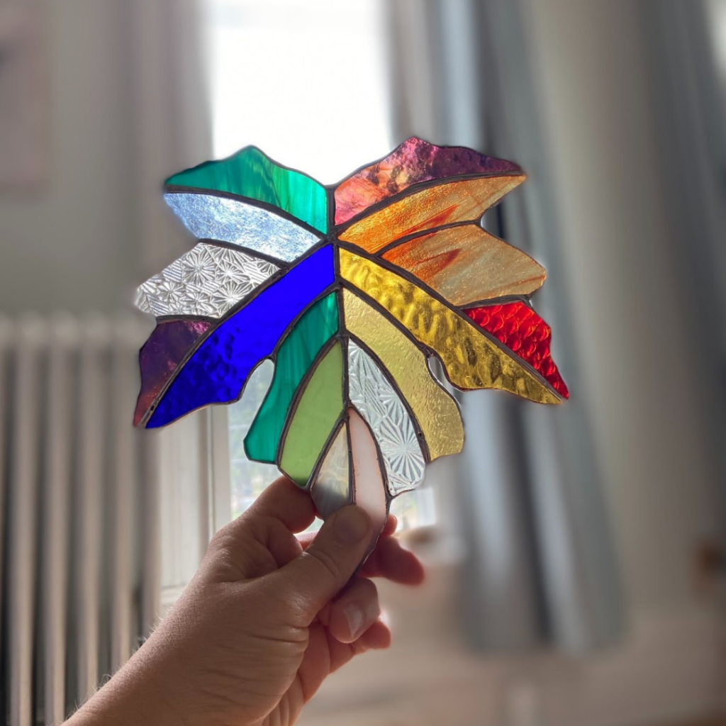 Multi-colored leaf design stained glass by Rachel Postler