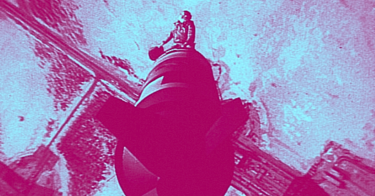 Altered image from the film, Dr. Strangelove, of a man riding a bomb.