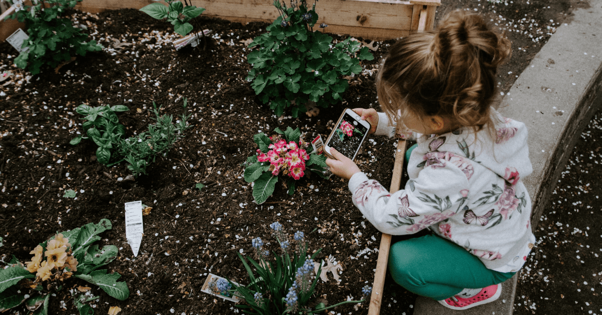 little girl and flower garden