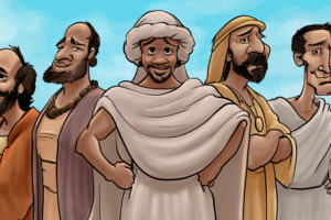 four drawn, animated characters from the book of acts standing in a line facing the camera