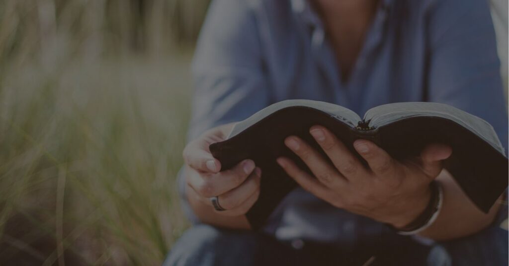 Hands holding Bible in a field