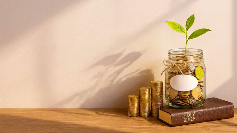 A jar filled with coins and a small plant growing from the top, with stacks of coins beside it and sunlight in the background.