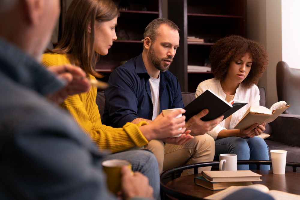 A group of four people sitting around a coffee table, looking at books in their hands.