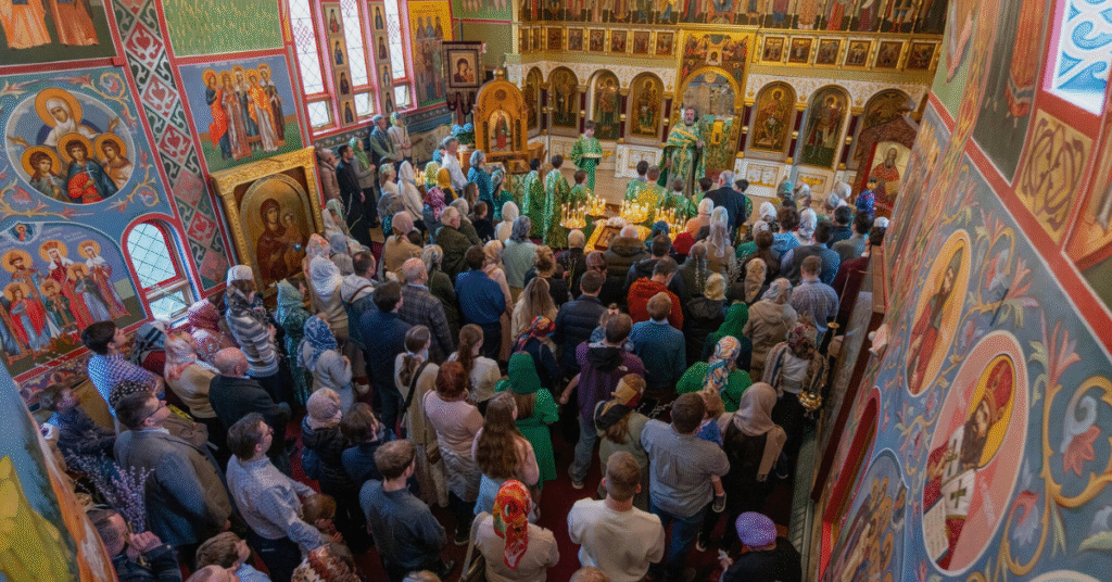 photo of a crowded Russian Orthodox church