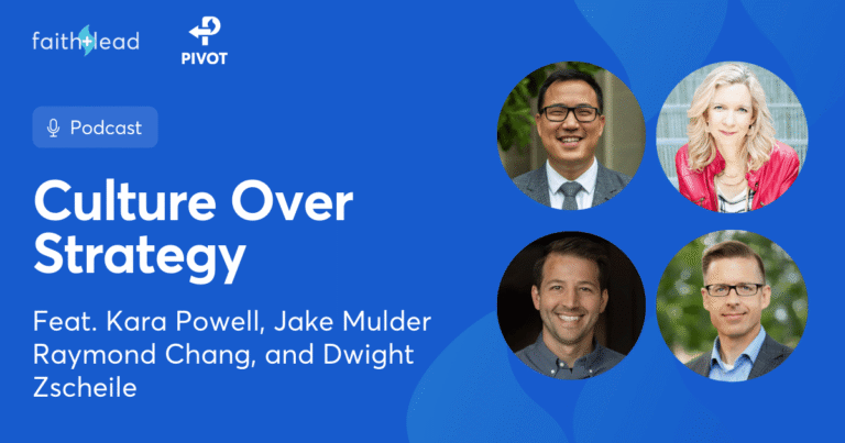 Pivot Podcast | Episode 144. Image description reads: Culture Over Strategy Feat. Kara Powell, Jake Mulder, Raymond Chang, and Dwight Zscheile