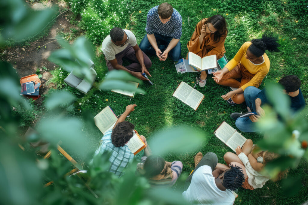 An overhead shot of a diverse group of people sitting in a circle on green grass, reading books together and having a discussion, partially framed by leafy tree branches in the foregroun