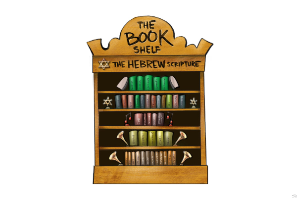 An illustration of a five-shelf wooden bookcase labeled "THE BOOKSHELF" at the top and "THE HEBREW SCRIPTURE" below it, with a Star of David icon. Each shelf holds a group of colored books representing different sections of religious text, organized with decorative bookends like musical notes and horns.