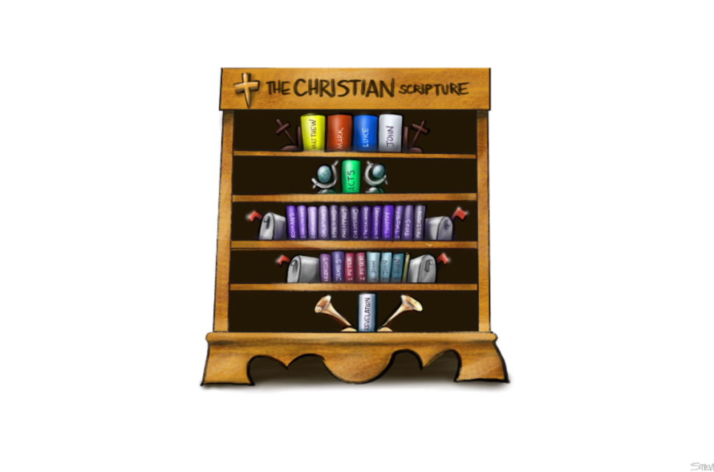 An illustration of a wooden bookshelf titled "THE CHRISTIAN SCRIPTURE" with a cross, organizing New Testament books across five shelves, using symbolic bookends like anchors, globes, mailboxes, and trumpets.