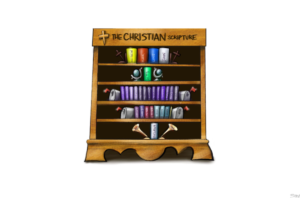 An illustration of a wooden bookshelf titled "THE CHRISTIAN SCRIPTURE" with a cross, organizing New Testament books across five shelves, using symbolic bookends like anchors, globes, mailboxes, and trumpets.