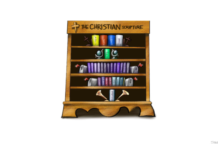 An illustration of a wooden bookshelf titled "THE CHRISTIAN SCRIPTURE" with a cross, organizing New Testament books across five shelves, using symbolic bookends like anchors, globes, mailboxes, and trumpets.