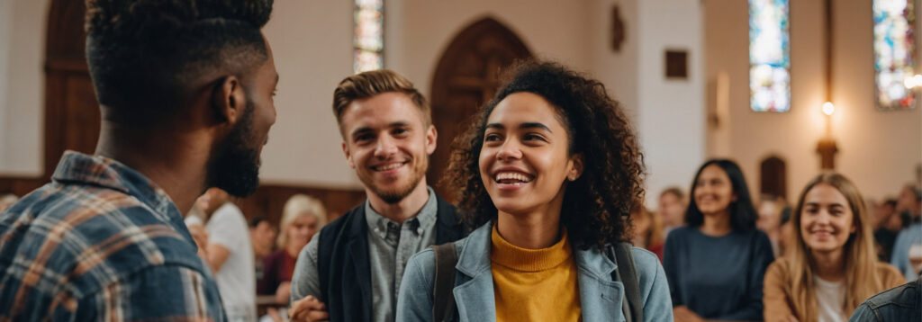A group of smiling young adults conversing together inside a church building.